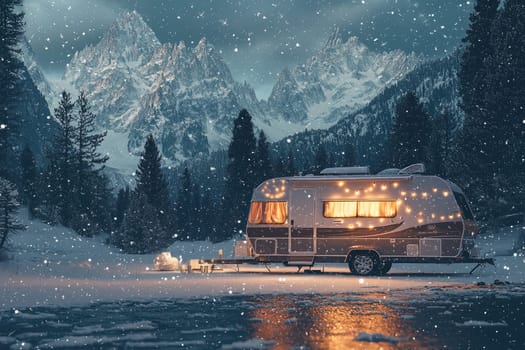 A cozy camper set against a stunning mountain backdrop, illuminated by warm lights, surrounded by falling snow, creating a picturesque winter retreat.