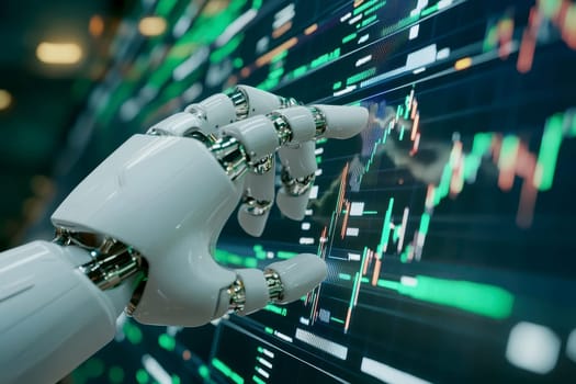 A robotic hand interacts with a futuristic digital interface, analyzing data and charts with a glowing blue screen in the background. High quality illustration