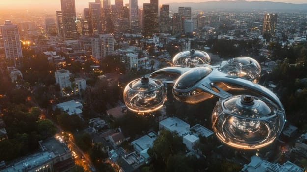 Futuristic passenger drone flies over los angeles at sunset, showcasing urban transportation innovation