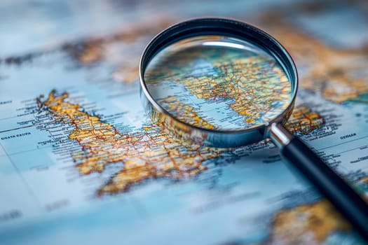 a magnifying glass focusing on map. ai generative.