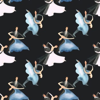 Ballroom dancing, standard. Adult couples on the parquet. Isolated watercolor illustration. Seamless pattern. Black background.