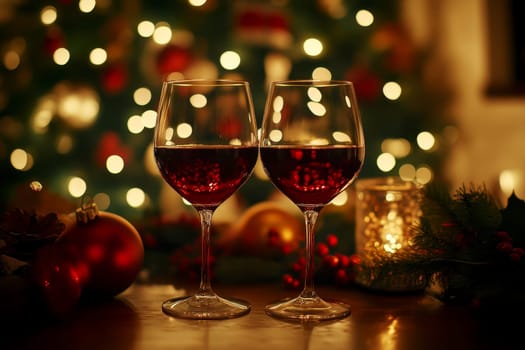 A warm and inviting Christmas dinner table is set with elegant plates, glasses of red wine, and festive decorations, creating a joyful holiday atmosphere. High quality illustration