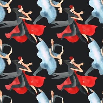 Ballroom dancing, standard. Adult couples on the parquet. Isolated watercolor illustration. Seamless pattern. Black background.