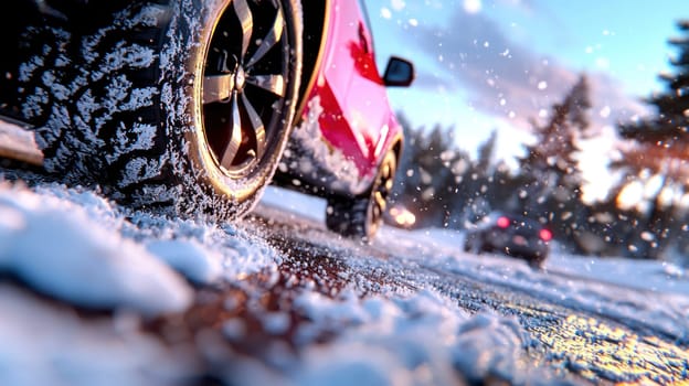 car driving on snowy road with studless tires, showcasing winter conditions.