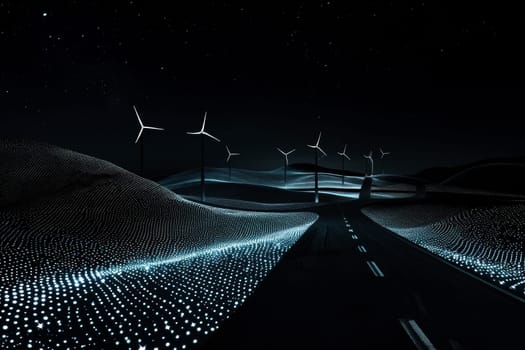 a futuristic scene, illuminating the landscape with vibrant colors and showcasing scenic wind turbines..