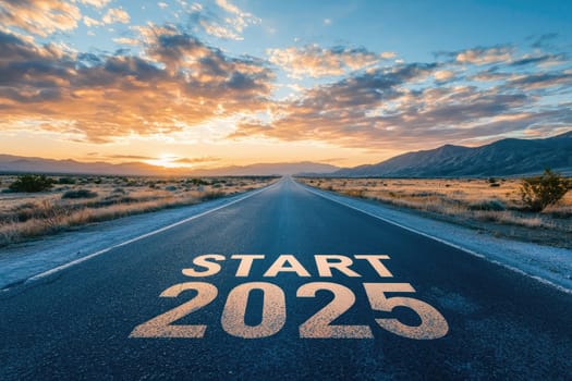 An inspiring road scene featuring Start 2025 on a highway under a stunning sunset, symbolizing new beginnings and opportunities in a beautiful outdoor setting.