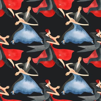 Ballroom dancing, standard. Adult couples on the parquet. Isolated watercolor illustration. Seamless pattern. Black background.