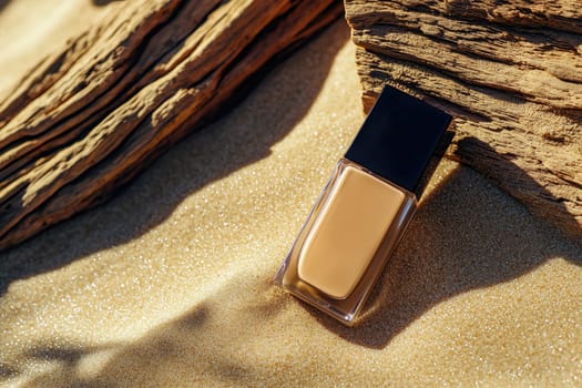 A stylish liquid foundation bottle rests delicately on golden sand, surrounded by natural wooden elements, showcasing the beauty of makeup against an elegant backdrop.