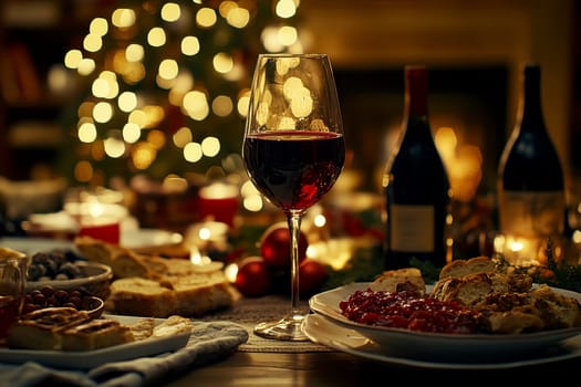 A warm and inviting Christmas dinner table is set with elegant plates, glasses of red wine, and festive decorations, creating a joyful holiday atmosphere.