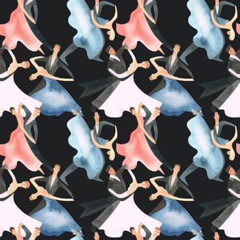 Ballroom dancing, standard. Adult couples on the parquet. Isolated watercolor illustration. Seamless pattern. Black background.