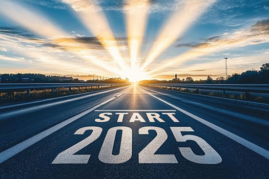 A serene road scene featuring the year 2025 painted on the asphalt, with a stunning sunrise illuminating the horizon, symbolizing new beginnings and possibilities.