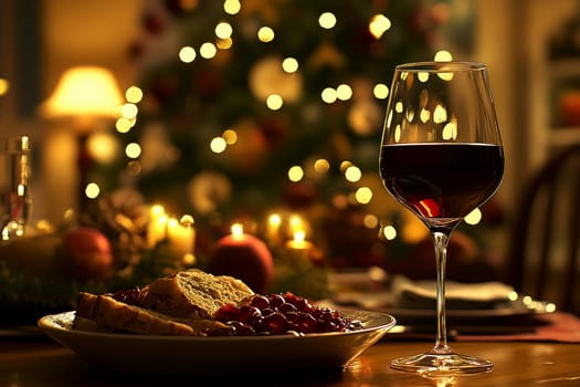 A warm and inviting Christmas dinner table is set with elegant plates, glasses of red wine, and festive decorations, creating a joyful holiday atmosphere.