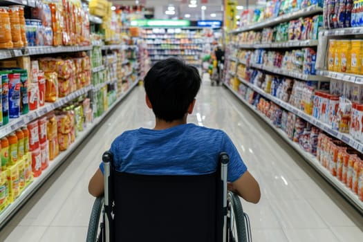 A person hand mobility issue is sitting in a wheelchair to shopping in a supermarket..