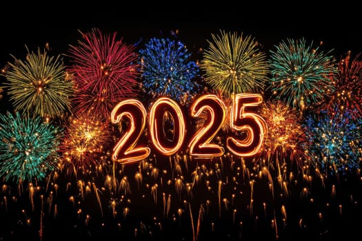 A dazzling array of fireworks explodes in various vibrant colors, illuminating the night sky and marking the celebration of the year 2025 in a spectacular manner..
