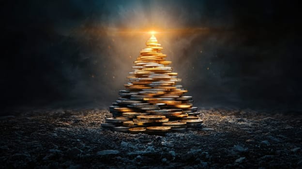 stunning arrangement of gold and silver coins forms pyramid shape, radiating light.