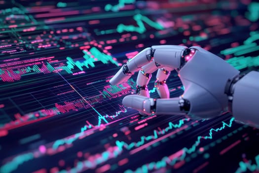 A robotic hand interacts with a futuristic digital interface, analyzing data and charts with a glowing blue screen in the background..