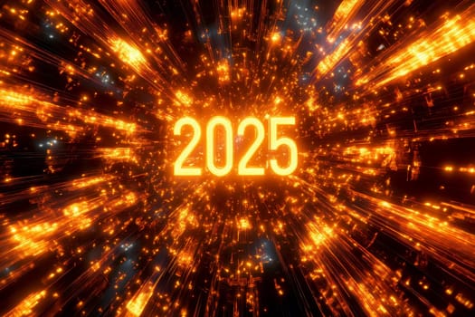 2025 text A dynamic and futuristic 3D rendering of the year 2025, rendered in bold, fiery orange numerals against a backdrop of exploding digital confetti..