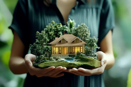 a woman holding 3d home model for rent decorated with peace natural backgrounds, --ar 3:2 --v 6.1 Job ID: 9c34fc33-21f9-41a0-959e-03d0d43e8b15