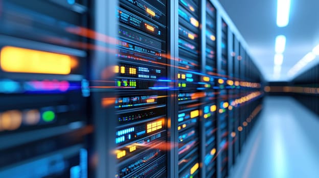 Data center with multiple servers and illuminated panels creating vibrant atmosphere.