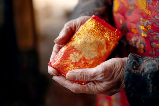 The elders hand hold red envelope Ang pao to their children and grandchildren. Concept to celebrate Chinese New Year. High quality illustration