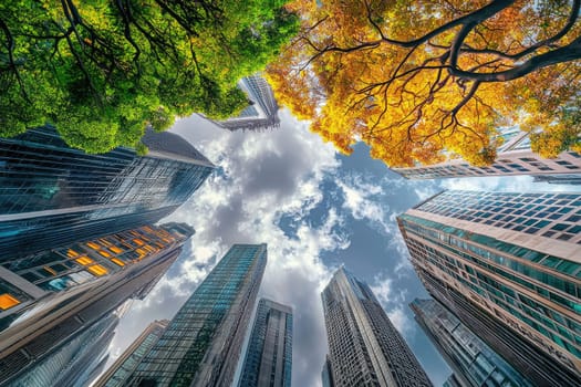 Capture the essence of urban life with this striking view of towering skyscrapers framed by lush greenery and golden autumn leaves