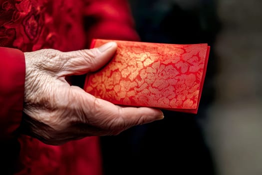 The elders hand hold red envelope Ang pao to their children and grandchildren. Concept to celebrate Chinese New Year. High quality illustration