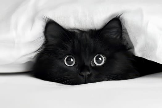 A black cat cautiously peeks out from under a cozy blanket on a chilly day. High quality illustration