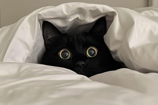 A black cat cautiously peeks out from under a cozy blanket on a chilly day..