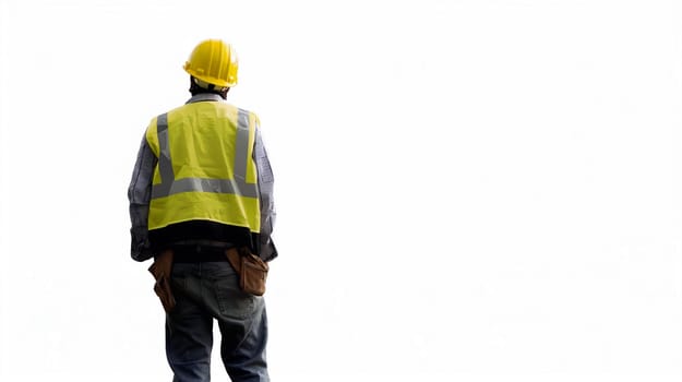 A worker stands on a construction site, dressed in a bright safety vest and hard hat, focusing on the activities around while managing tools and tasks - Generative AI