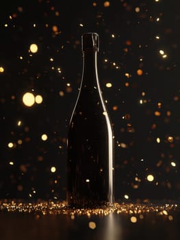 Celebratory champagne bottle with golden confetti for festive events and parties.