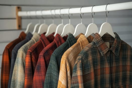 A row of plaid flannel shirts in various colors hanging on wooden hangers, creating a vibrant and organized display..