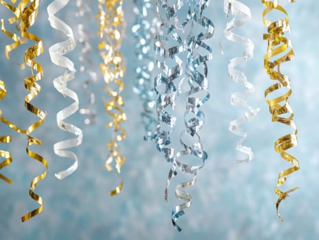 Festive gold and silver streamers on a pastel background for celebrations and decor.
