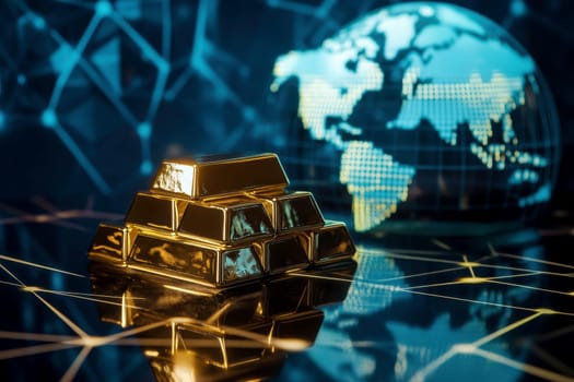 Golden globe with gold bars surrounding it, representing global investments. High quality illustration