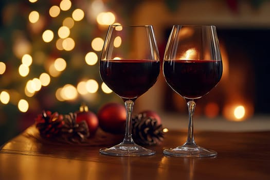 A warm and inviting Christmas dinner table is set with elegant plates, glasses of red wine, and festive decorations, creating a joyful holiday atmosphere.