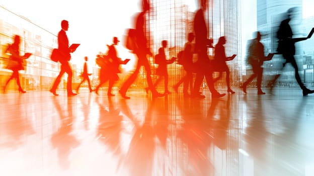 Dynamic businesspeople in motion create vibrant office atmosphere.