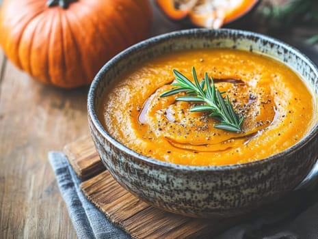 Cozy autumn pumpkin soup with rosemary garnish on rustic wooden table.