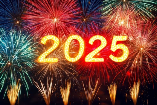 A dazzling array of fireworks explodes in vaarious vibrant colors, illuminating the night sky and marking the celebration of the year 2025 in a spectacular manner. High quality illustration