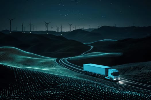 a high-tech truck cruises on a futuristic scene, illuminating the landscape with vibrant colors and showcasing scenic wind turbines..