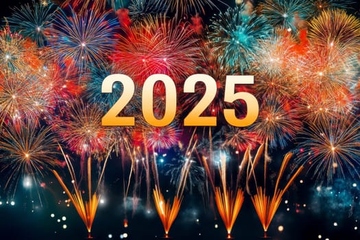 A dazzling array of fireworks explodes in various vibrant colors, illuminating the night sky and marking the celebration of the year 2025 in a spectacular manner..