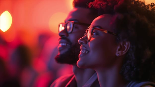 A couple watches the performance with delight as colorful lights illuminate their faces, creating a warm and exciting atmosphere at a live music event - Generative AI
