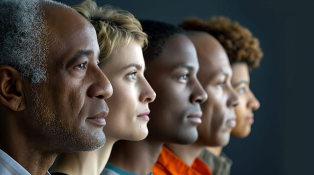 A group of five individuals of diverse ethnicities stand side by side in profile, highlighting their facial features and expressing unity in a contemporary environment - Generative AI