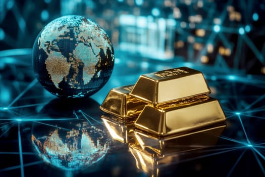 Golden globe with gold bars surrounding it, representing global investments..