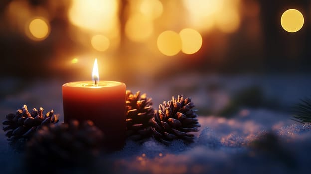 A lit scented orange candle surrounded by pine cones and fir branches creates a festive atmosphere.