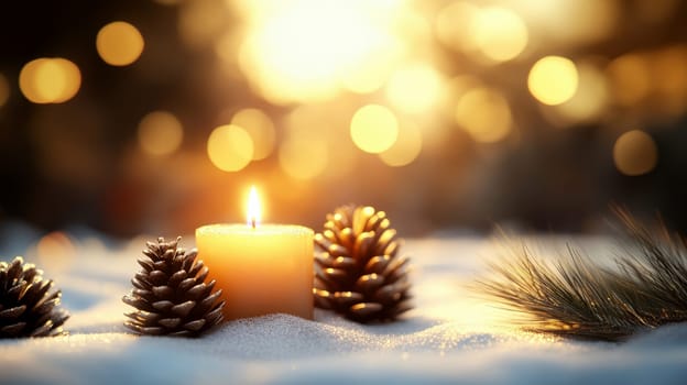 A lit scented orange candle surrounded by pine cones and fir branches creates a festive atmosphere.
