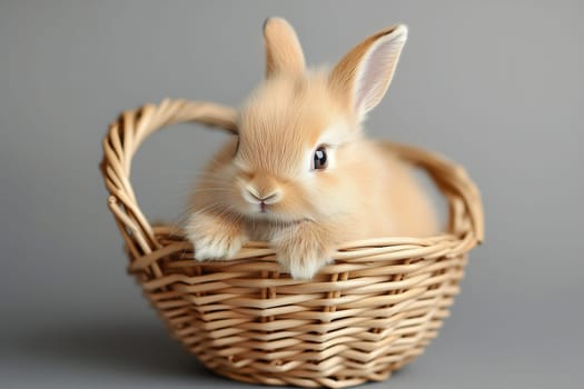 A small, fluffy bunny with soft fur sits comfortably in a woven basket, exhibiting a playful expression. The gentle tones add to the spring ambiance.