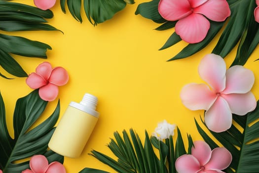 Tropical leaves and pink flowers are artfully arranged around a yellow bottle, creating a vibrant and cheerful display on a sunny yellow background.
