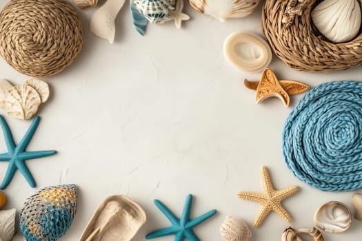Colorful seashells, starfish, and woven decor create a beautiful coastal arrangement on a light background, inviting a serene beach atmosphere.