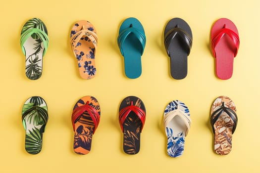 A vibrant collection of flip-flops is laid out in a neat arrangement against a sunny yellow backdrop, featuring bold tropical patterns and colors perfect for summer outings.