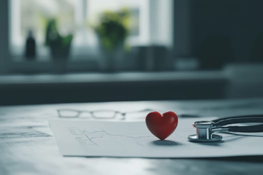 A small red heart shape rests next to a stethoscope and a medical report on a desk, with soft daylight streaming through the window, creating a warm, inviting workspace.