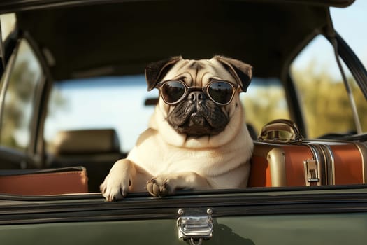 A relaxed pug sports stylish sunglasses while resting its paws on the edge of a vintage car trunk. A suitcase is nearby, suggesting a fun road trip on a sunny day.